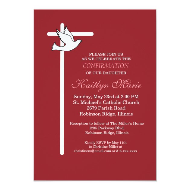 Confirmation Invitation White Cross & Dove On Red
