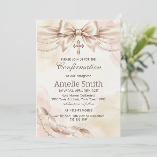 Confirmation Invitation with Beige Bow and Pearls