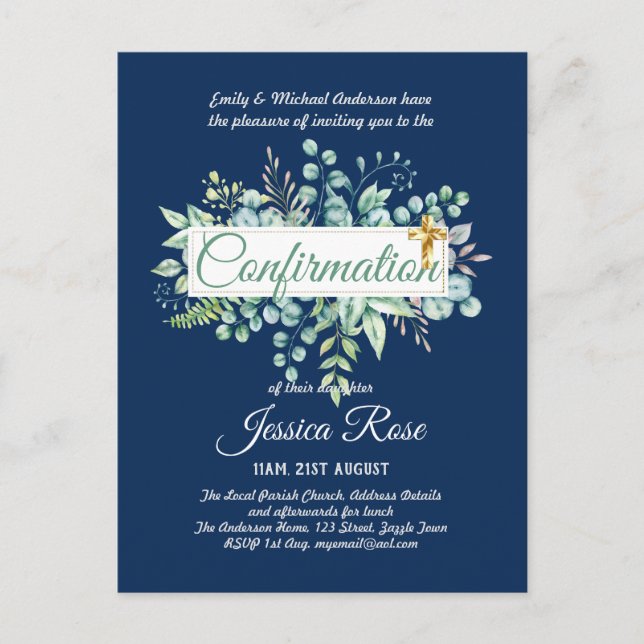 Confirmation Invitations Eucalyptus Greenery Budge (Front)