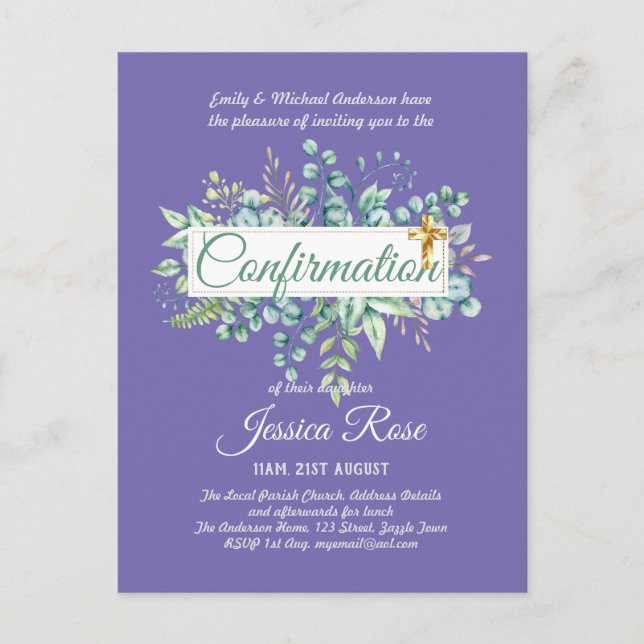 Confirmation Invitations Eucalyptus Greenery Budge (Front)
