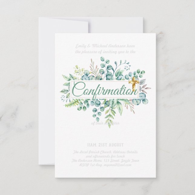 Confirmation Invitations Eucalyptus Greenery Budge (Front)