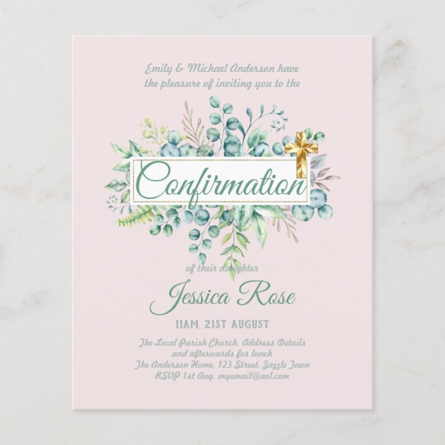 Confirmation Invitations Eucalyptus Greenery Budge (Front)