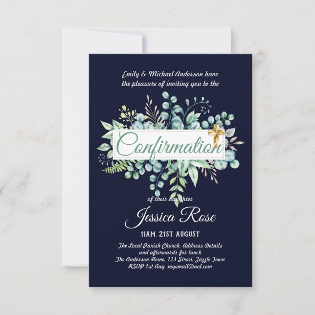 Confirmation Invitations Eucalyptus Greenery Budge (Front)