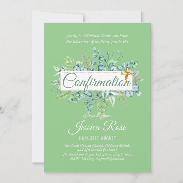 Confirmation Invitations Eucalyptus Greenery Budge (Front)