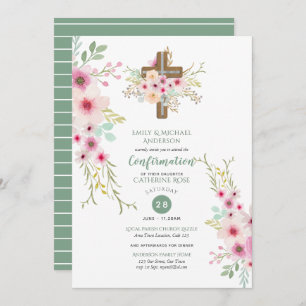 CONFIRMATION Invitations Floral Cross Pink Sage
