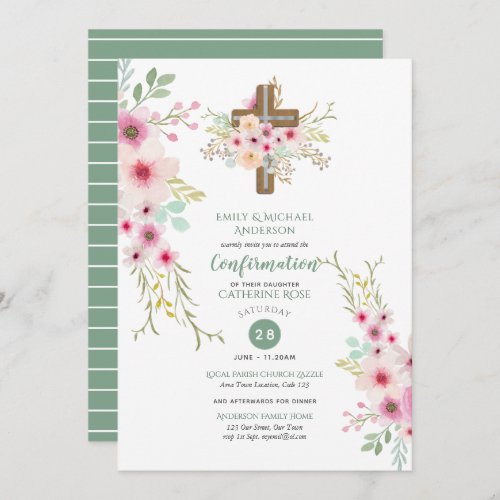 CONFIRMATION Invitations Floral Cross  Pink Sage