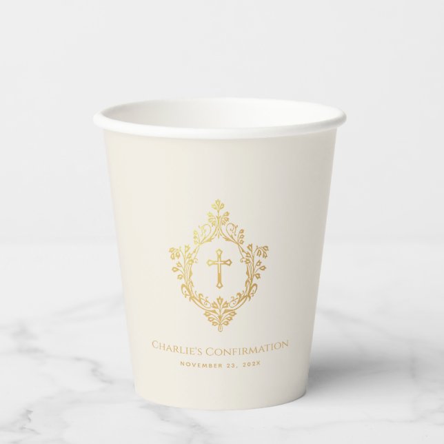 Confirmation Ivory Faux Gold Crest & Cross Elegant Paper Cups (Front)