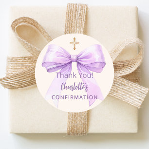 Confirmation lavender bow ivory cross thank you classic round sticker