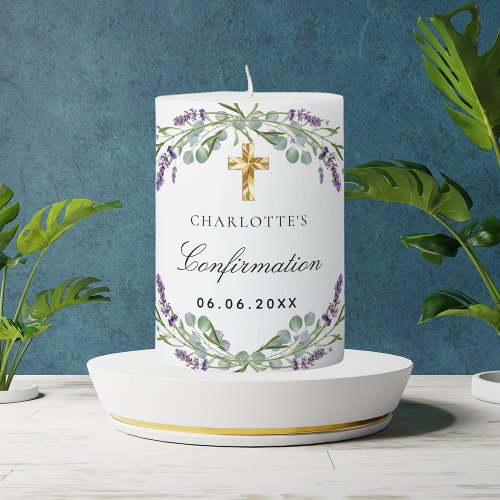 Confirmation lavender florals greenery gold cross pillar candle