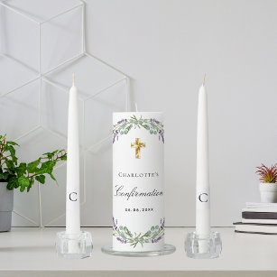 Confirmation lavender florals greenery gold cross unity candle set