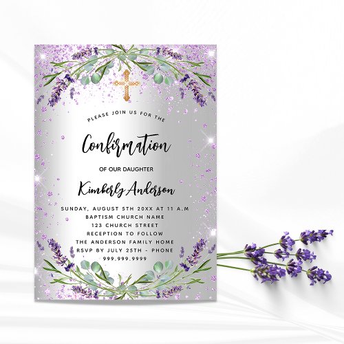 Confirmation lavender silver violet sparkles girl invitation