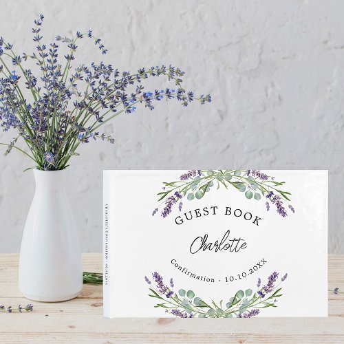 Confirmation lavender violet florals eucalyptus guest book