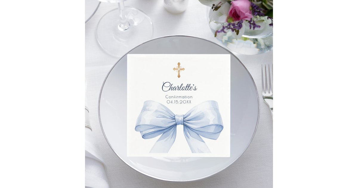 Confirmation light blue bow cross luncheon napkins | Zazzle