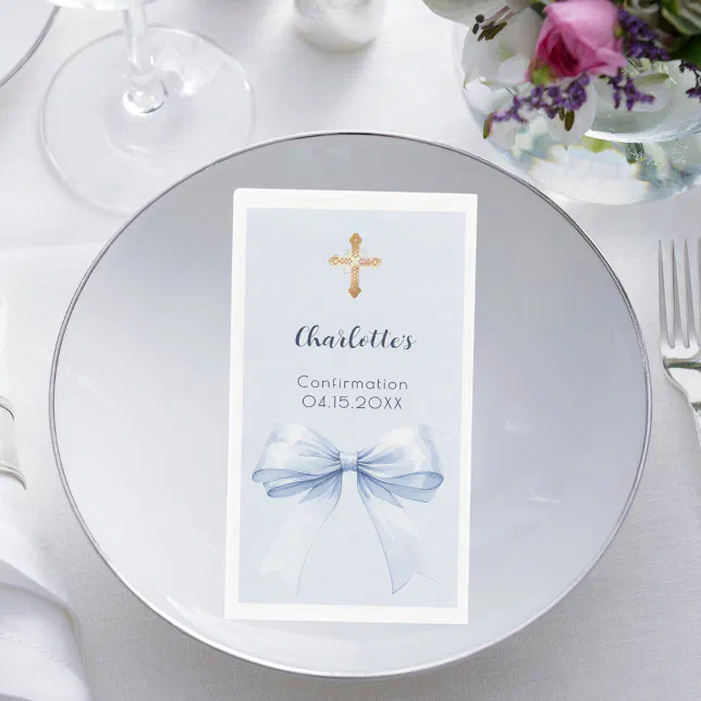 Confirmation light blue bow cross paper guest towels | Zazzle