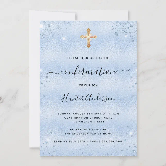 Confirmation light blue gold cross boy invitation | Zazzle