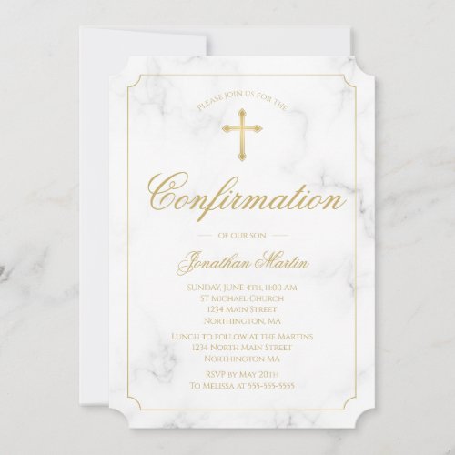 Confirmation Marble Elegant Gold Cross Script Boy Invitation