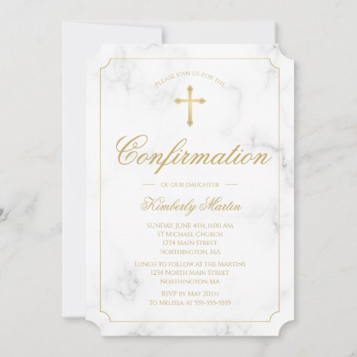 Confirmation Marble Elegant Gold Cross Script Girl Invitation