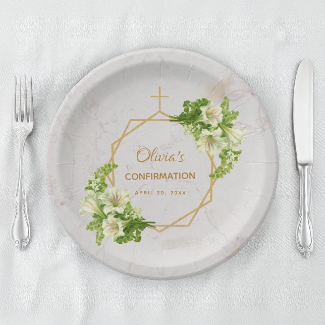 Confirmation Marble White Lilies Gold Cross Floral Paper Plates (Creator Uploaded)