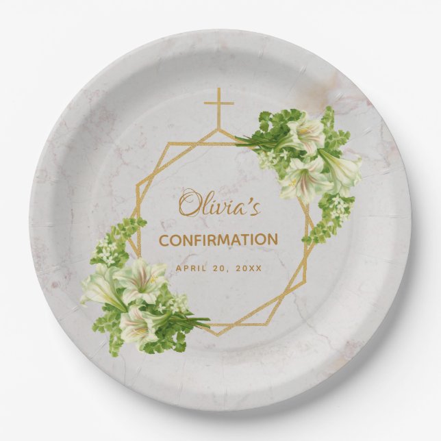 Confirmation Marble White Lilies Gold Cross Floral Paper Plates (Front)