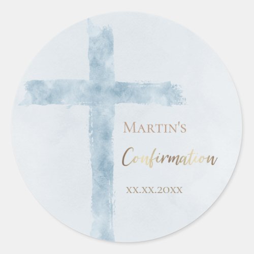 Confirmation modern blue watercolor classic round sticker