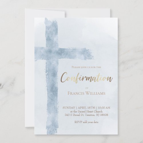 Confirmation modern blue watercolor cross  invitation