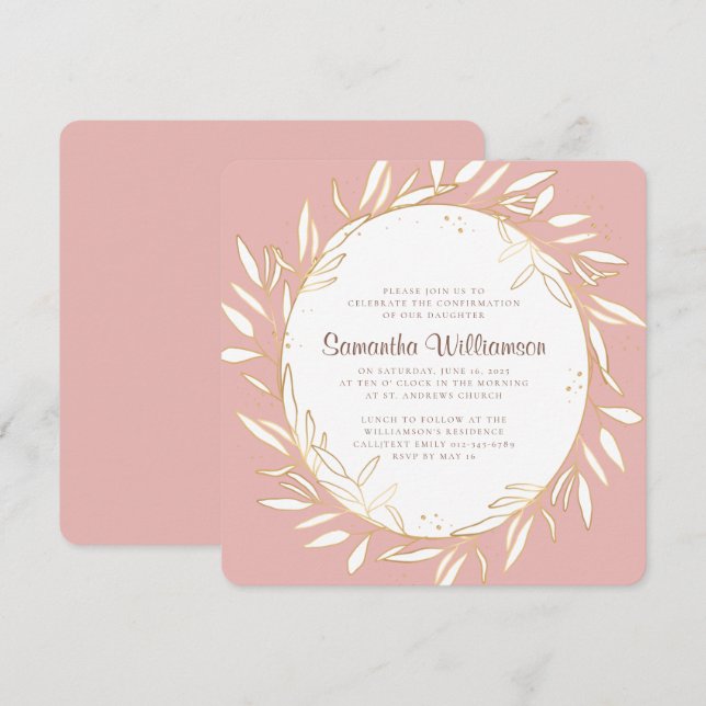 Confirmation Modern Gold Foliage on Pink Invitation (Front/Back)