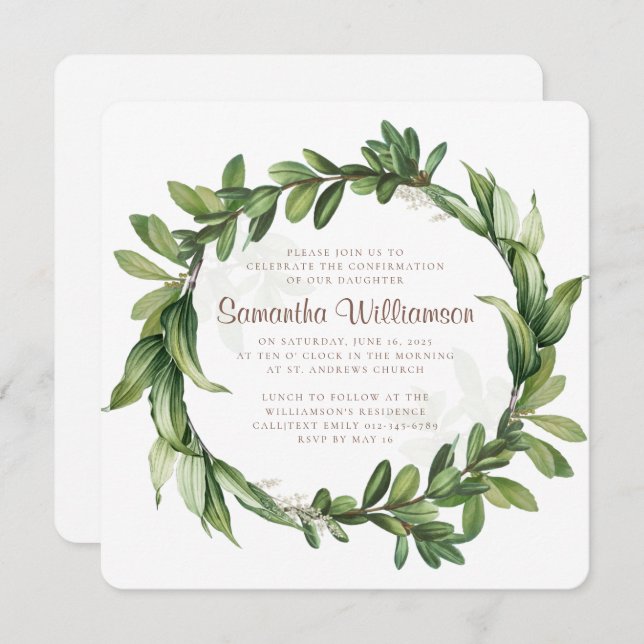 Confirmation Modern Green Foliage Invitation (Front/Back)