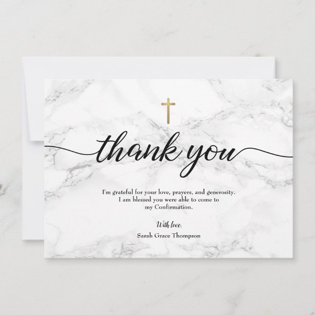 Confirmation Modern Marble Gold cross Personalize Thank You Card (Front)