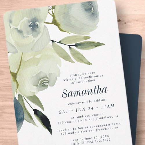 Confirmation Modern Watercolor Flower Foliage Invitation