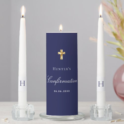Confirmation navy blue boy gold cross monogram unity candle set