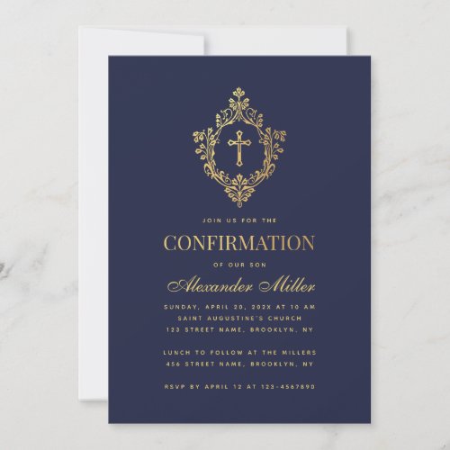 Confirmation Navy Blue Elegant Faux Gold Crest Boy Invitation