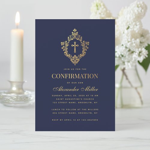 Confirmation Navy Blue Elegant Faux Gold Crest Boy