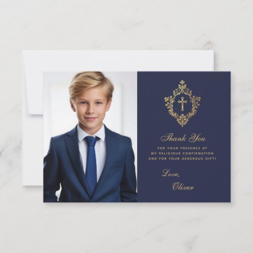 Confirmation Navy Blue Faux Gold Crest Boy Photo Thank You Card