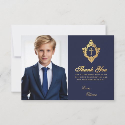 Confirmation Navy Blue Faux Gold Crest Boy Photo