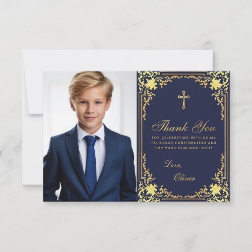 Confirmation Navy Blue Faux Gold Vintage Boy Photo Thank You Card