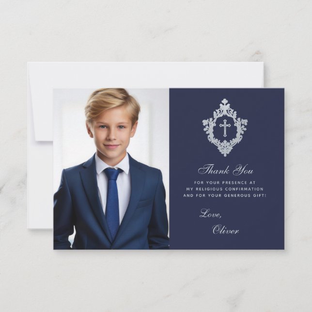 Confirmation Navy Blue Faux Silver Crest Boy Photo Thank You Card (Front)