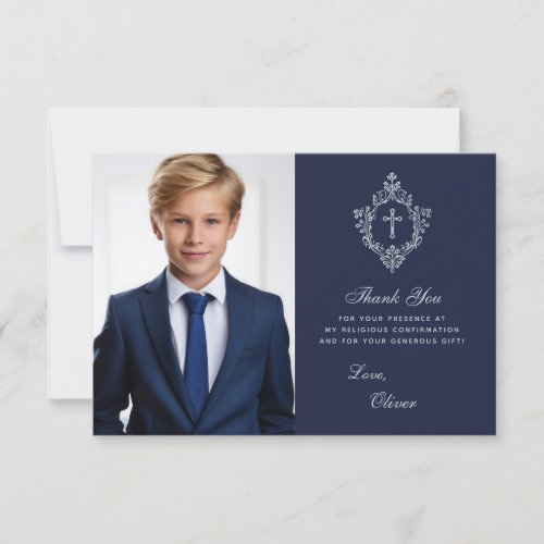 Confirmation Navy Blue Faux Silver Crest Boy Photo Thank You Card