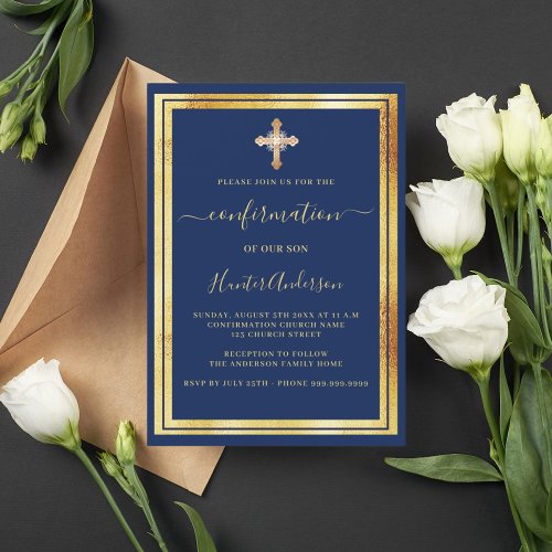 Confirmation navy blue gold gold cross invitation