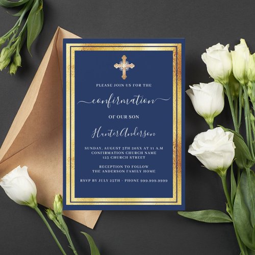 Confirmation navy blue gold gold cross luxury invitation