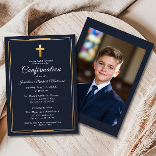 Confirmation Navy Blue Gold Photo Boy  Invitation