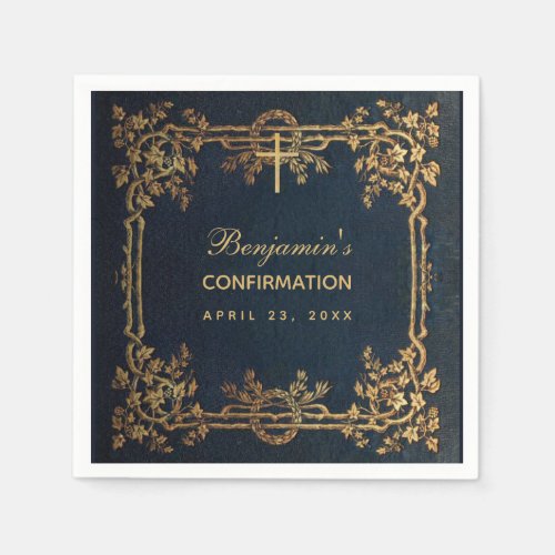 Confirmation Navy Blue Gold Vines Vintage Elegant  Napkins