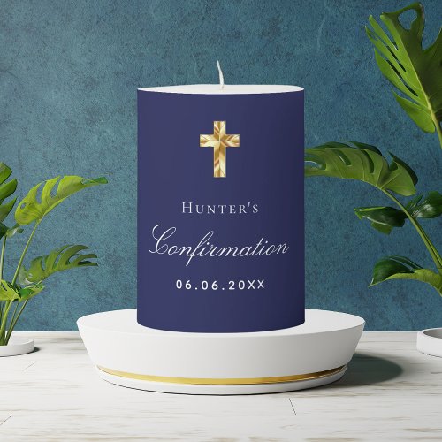 Confirmation navy blue name gold cross pillar candle