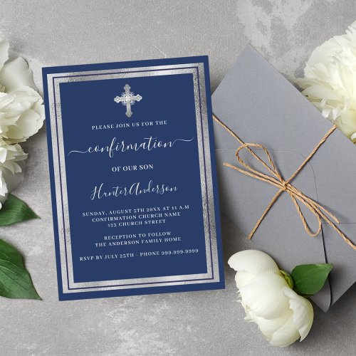 Confirmation navy blue silver cross luxury invitation