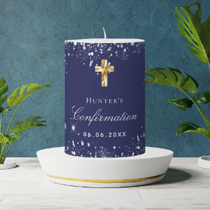 Confirmation navy blue silver glitter name pillar candle