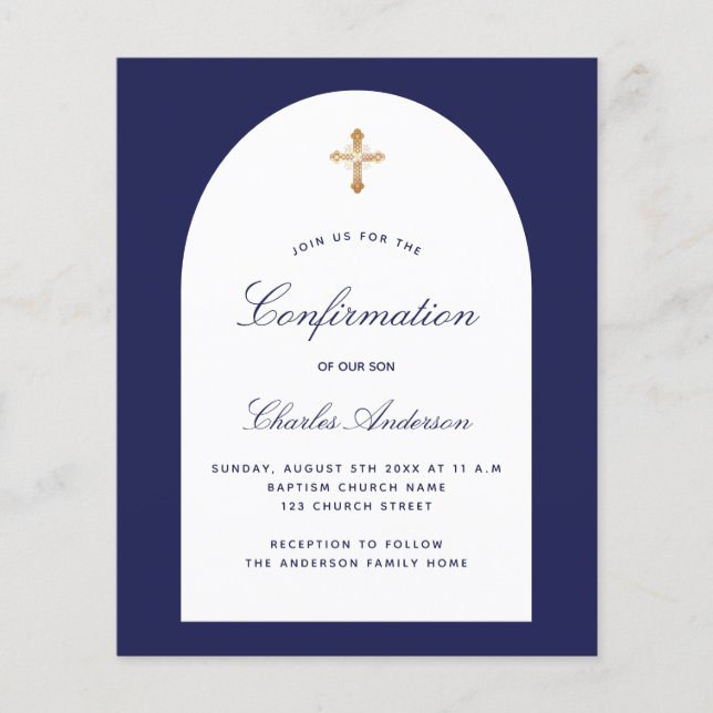 Confirmation navy blue white arch boy budget flyer (Front)