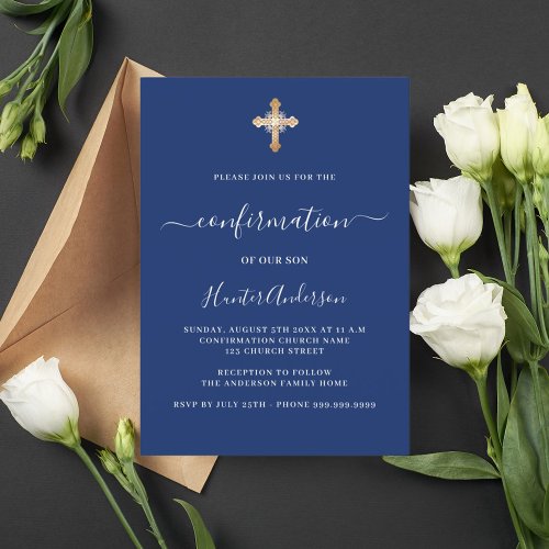 Confirmation navy blue white boy gold cross invitation