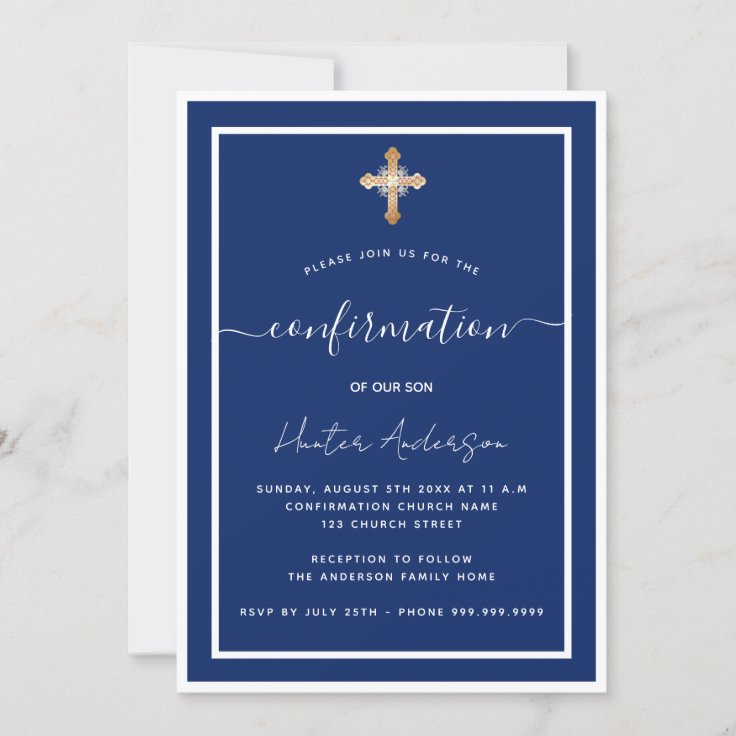 Confirmation navy blue white boy gold cross invitation | Zazzle