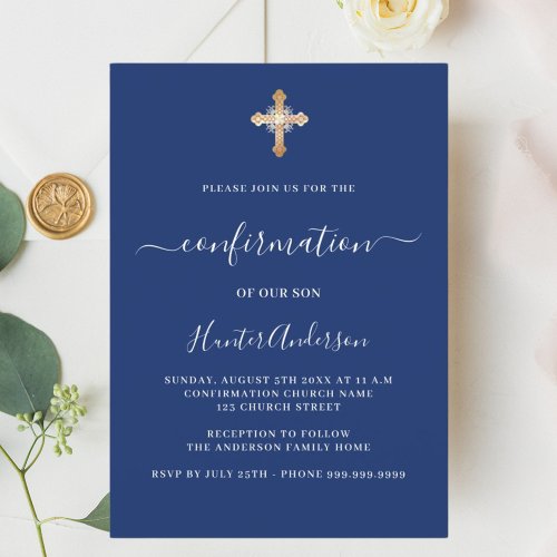 Confirmation navy blue white boy gold cross luxury invitation