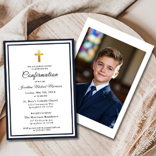 Confirmation Navy Blue White Minimalist Photo Invitation