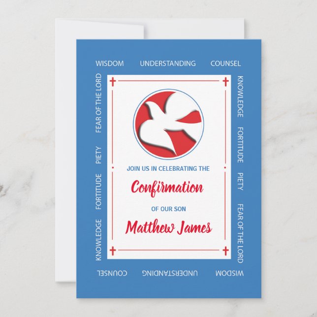 Confirmation of Son Blue with Dove Invitation (Front)